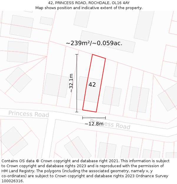 42, PRINCESS ROAD, ROCHDALE, OL16 4AY: Plot and title map