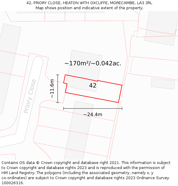 42, PRIORY CLOSE, HEATON WITH OXCLIFFE, MORECAMBE, LA3 3RL: Plot and title map