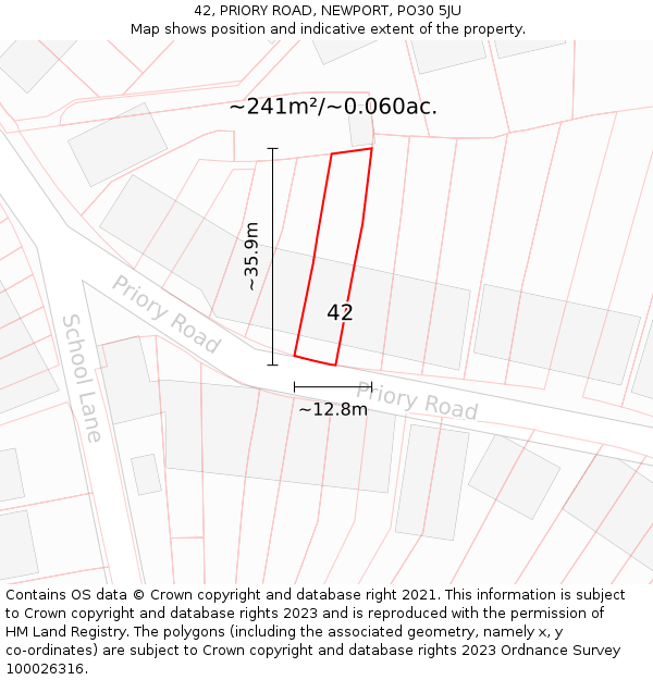 42, PRIORY ROAD, NEWPORT, PO30 5JU: Plot and title map