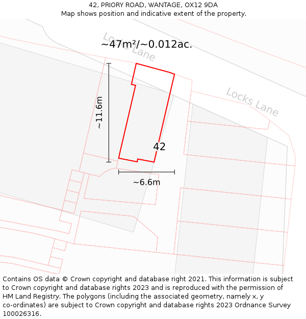 42, PRIORY ROAD, WANTAGE, OX12 9DA: Plot and title map