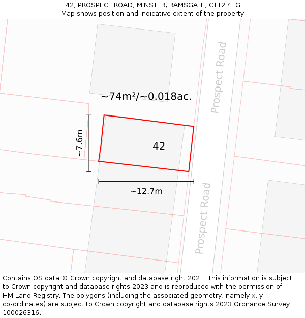 42, PROSPECT ROAD, MINSTER, RAMSGATE, CT12 4EG: Plot and title map