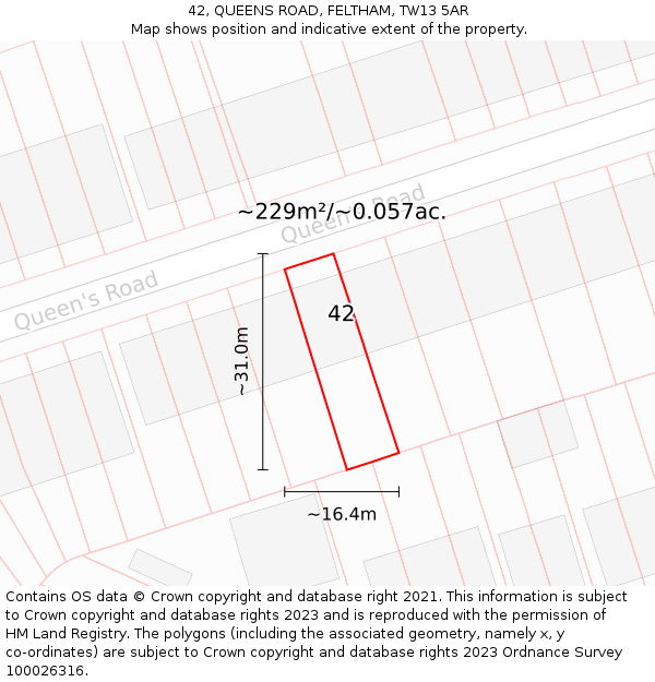 42, QUEENS ROAD, FELTHAM, TW13 5AR: Plot and title map