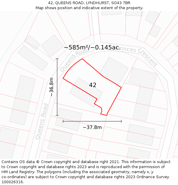 42, QUEENS ROAD, LYNDHURST, SO43 7BR: Plot and title map