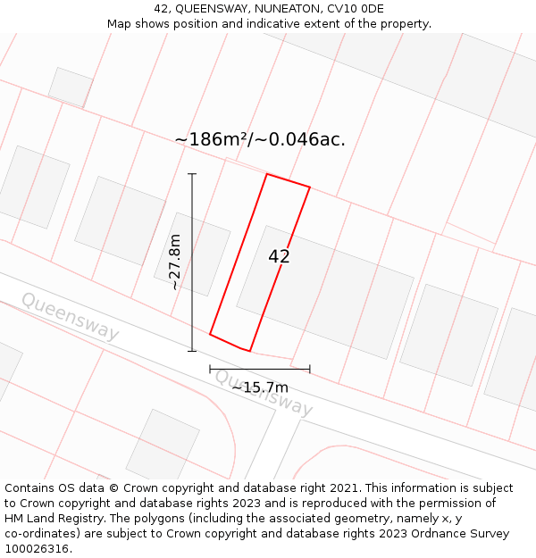 42, QUEENSWAY, NUNEATON, CV10 0DE: Plot and title map