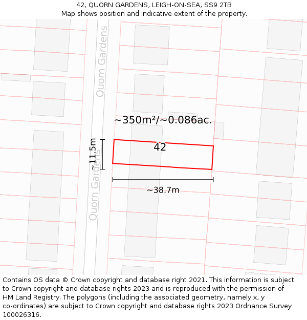 42, QUORN GARDENS, LEIGH-ON-SEA, SS9 2TB: Plot and title map