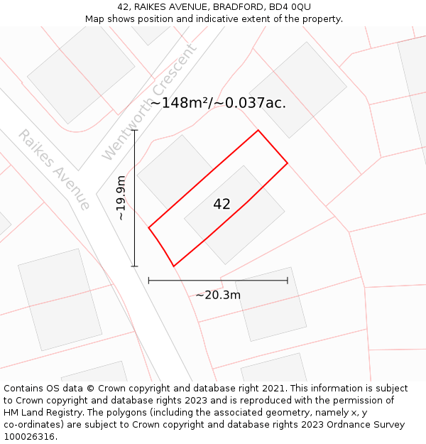 42, RAIKES AVENUE, BRADFORD, BD4 0QU: Plot and title map