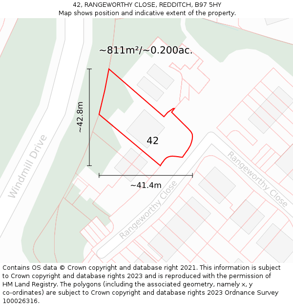 42, RANGEWORTHY CLOSE, REDDITCH, B97 5HY: Plot and title map