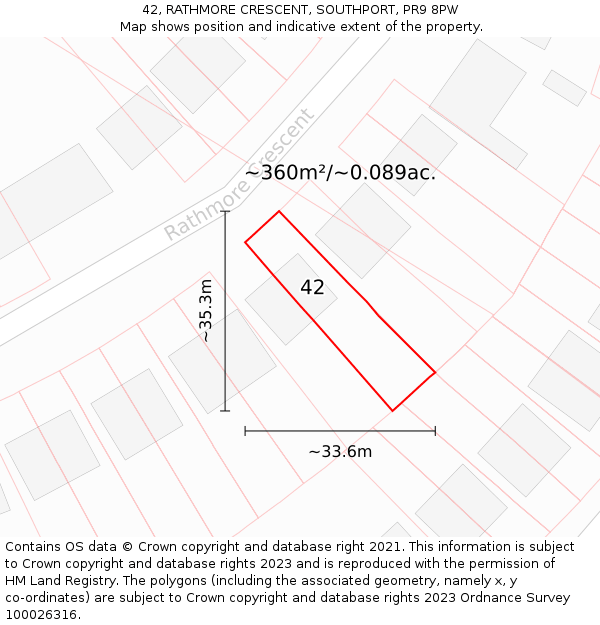 42, RATHMORE CRESCENT, SOUTHPORT, PR9 8PW: Plot and title map