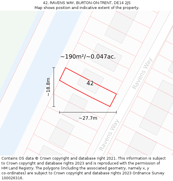 42, RAVENS WAY, BURTON-ON-TRENT, DE14 2JS: Plot and title map