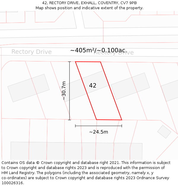 42, RECTORY DRIVE, EXHALL, COVENTRY, CV7 9PB: Plot and title map