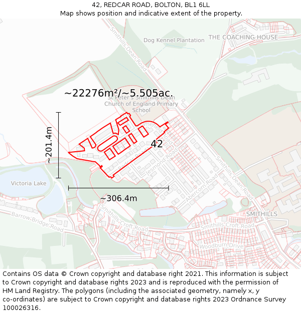 42, REDCAR ROAD, BOLTON, BL1 6LL: Plot and title map