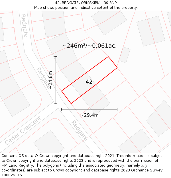 42, REDGATE, ORMSKIRK, L39 3NP: Plot and title map