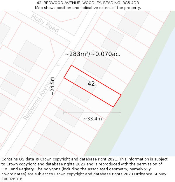 42, REDWOOD AVENUE, WOODLEY, READING, RG5 4DR: Plot and title map
