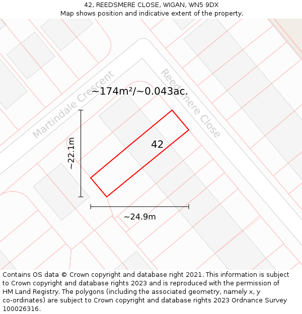 42, REEDSMERE CLOSE, WIGAN, WN5 9DX: Plot and title map