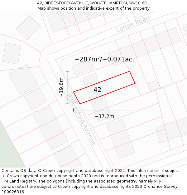 42, RIBBESFORD AVENUE, WOLVERHAMPTON, WV10 6DU: Plot and title map