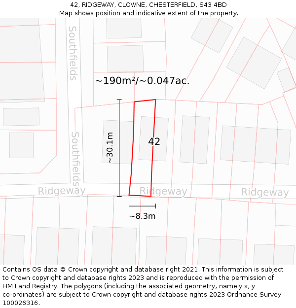 42, RIDGEWAY, CLOWNE, CHESTERFIELD, S43 4BD: Plot and title map