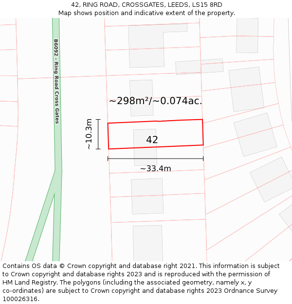 42, RING ROAD, CROSSGATES, LEEDS, LS15 8RD: Plot and title map