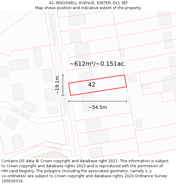 42, RINGSWELL AVENUE, EXETER, EX1 3EF: Plot and title map