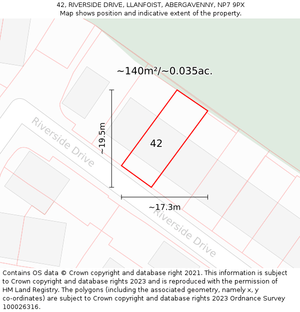 42, RIVERSIDE DRIVE, LLANFOIST, ABERGAVENNY, NP7 9PX: Plot and title map