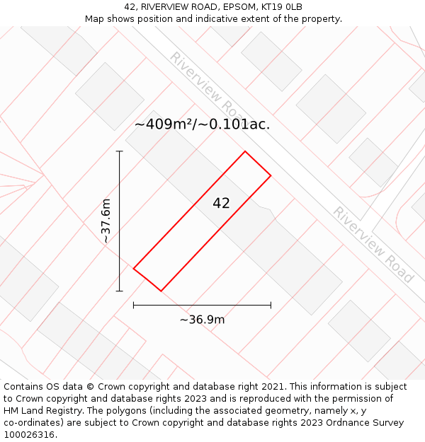 42, RIVERVIEW ROAD, EPSOM, KT19 0LB: Plot and title map