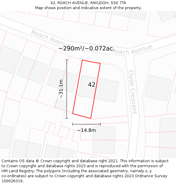 42, ROACH AVENUE, RAYLEIGH, SS6 7TA: Plot and title map