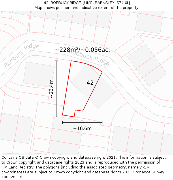 42, ROEBUCK RIDGE, JUMP, BARNSLEY, S74 0LJ: Plot and title map