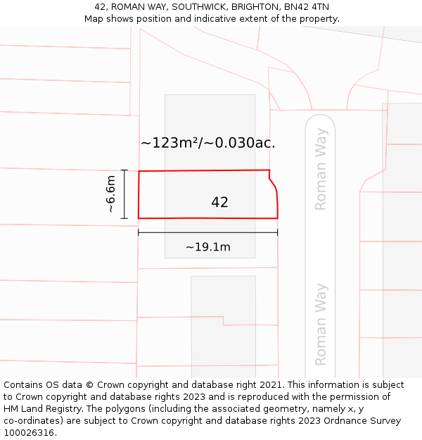 42, ROMAN WAY, SOUTHWICK, BRIGHTON, BN42 4TN: Plot and title map