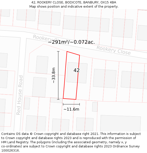 42, ROOKERY CLOSE, BODICOTE, BANBURY, OX15 4BA: Plot and title map