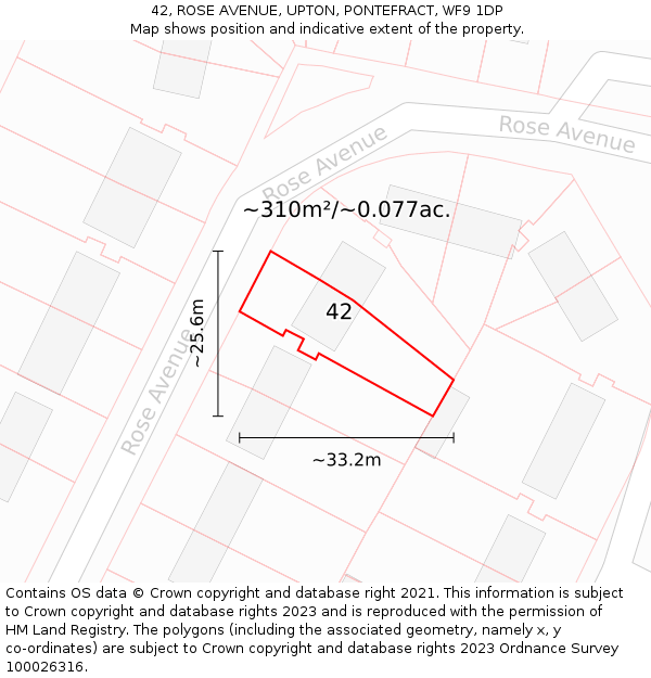 42, ROSE AVENUE, UPTON, PONTEFRACT, WF9 1DP: Plot and title map