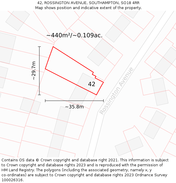 42, ROSSINGTON AVENUE, SOUTHAMPTON, SO18 4RR: Plot and title map