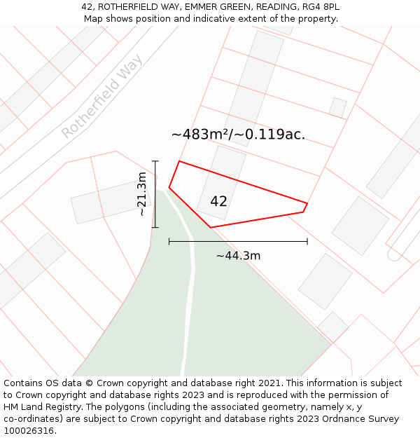 42, ROTHERFIELD WAY, EMMER GREEN, READING, RG4 8PL: Plot and title map