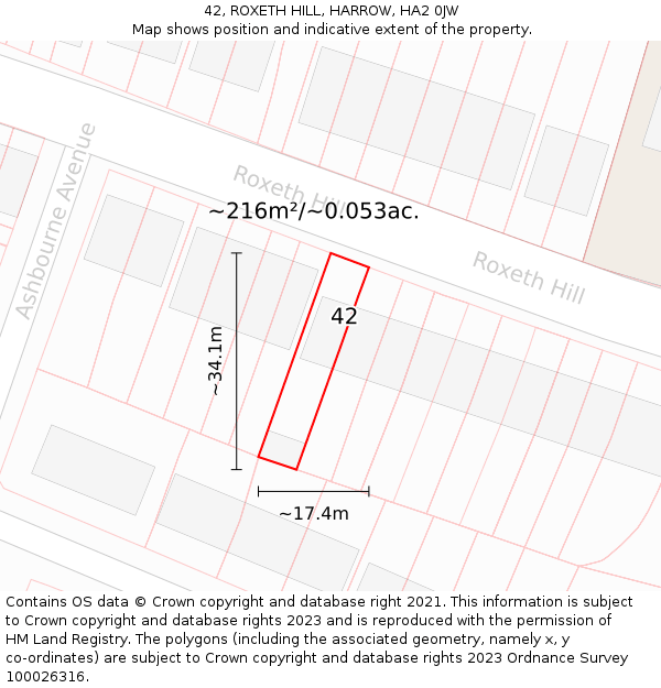 42, ROXETH HILL, HARROW, HA2 0JW: Plot and title map