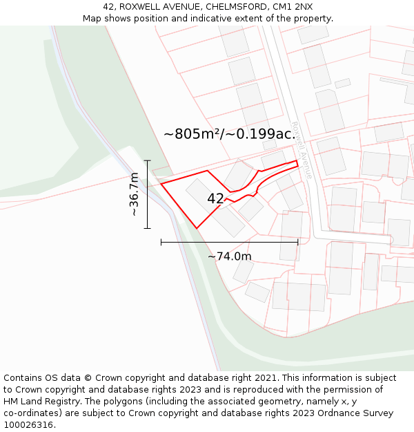 42, ROXWELL AVENUE, CHELMSFORD, CM1 2NX: Plot and title map