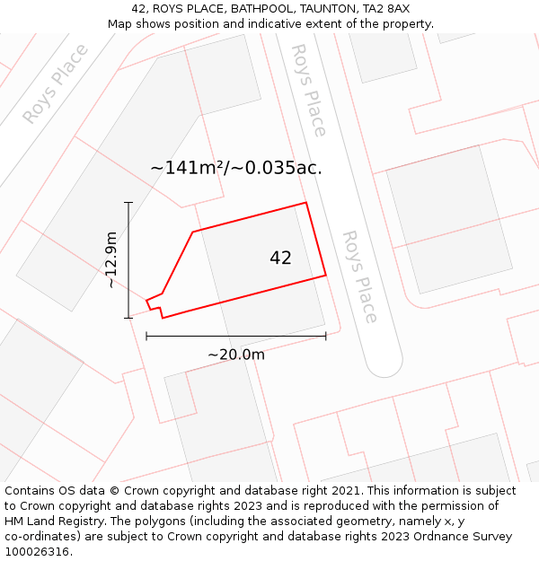 42, ROYS PLACE, BATHPOOL, TAUNTON, TA2 8AX: Plot and title map