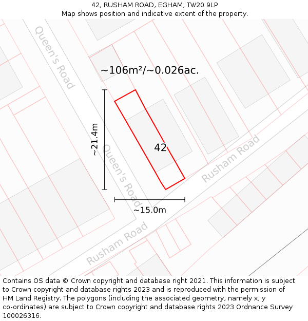 42, RUSHAM ROAD, EGHAM, TW20 9LP: Plot and title map