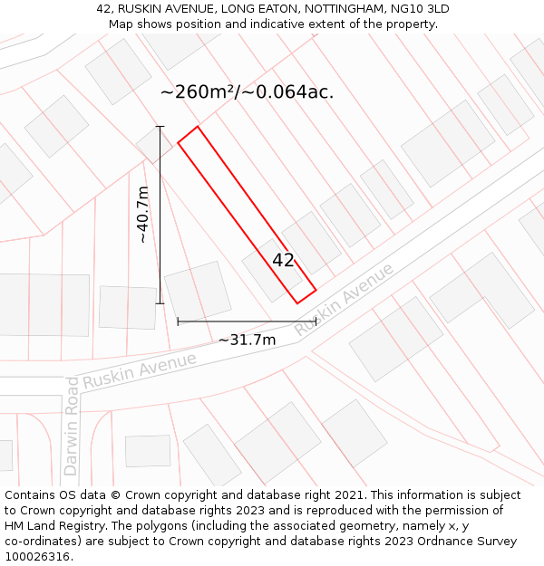 42, RUSKIN AVENUE, LONG EATON, NOTTINGHAM, NG10 3LD: Plot and title map