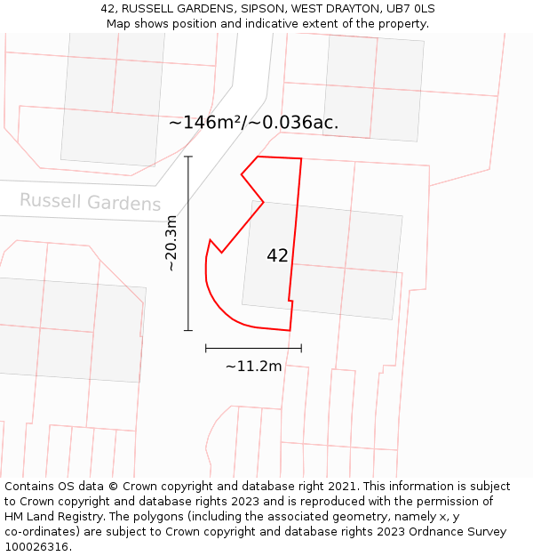 42, RUSSELL GARDENS, SIPSON, WEST DRAYTON, UB7 0LS: Plot and title map