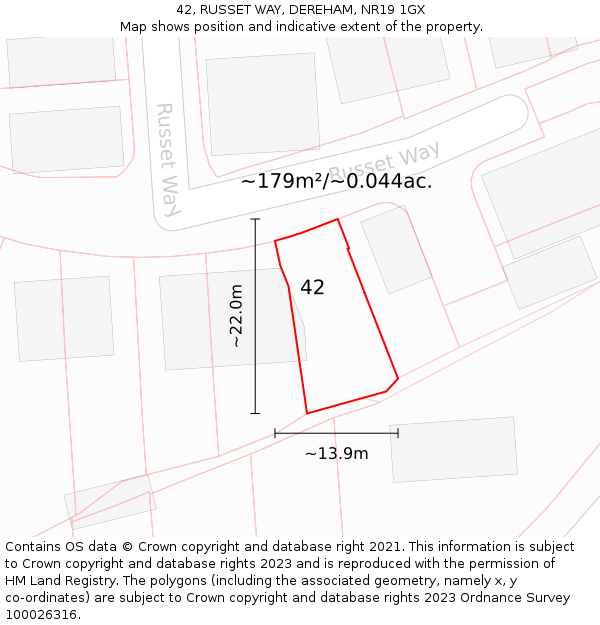 42, RUSSET WAY, DEREHAM, NR19 1GX: Plot and title map
