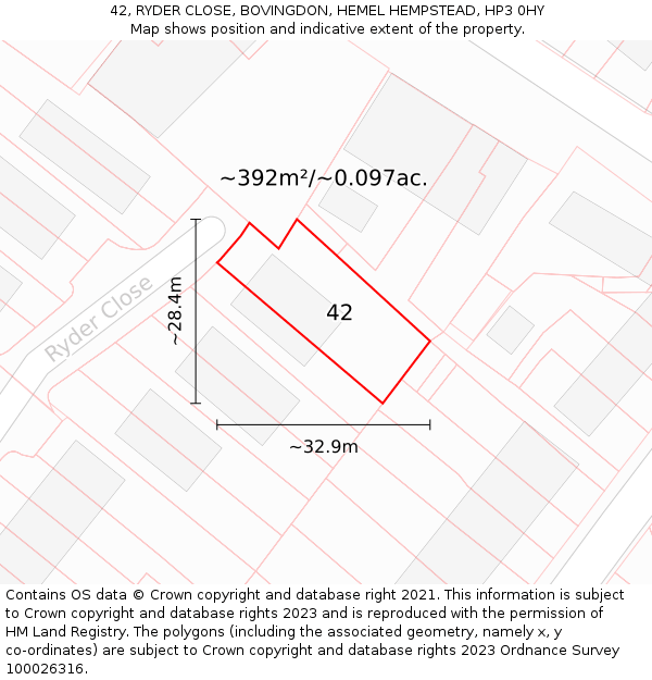 42, RYDER CLOSE, BOVINGDON, HEMEL HEMPSTEAD, HP3 0HY: Plot and title map