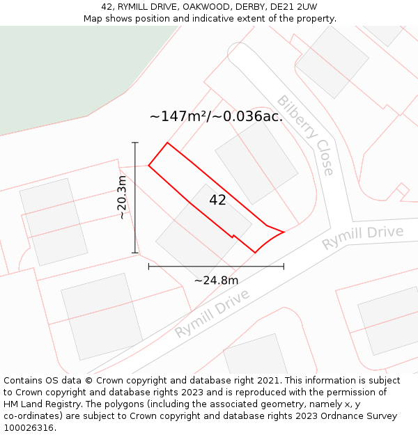 42, RYMILL DRIVE, OAKWOOD, DERBY, DE21 2UW: Plot and title map