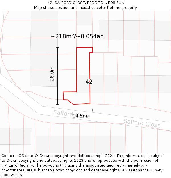 42, SALFORD CLOSE, REDDITCH, B98 7UN: Plot and title map