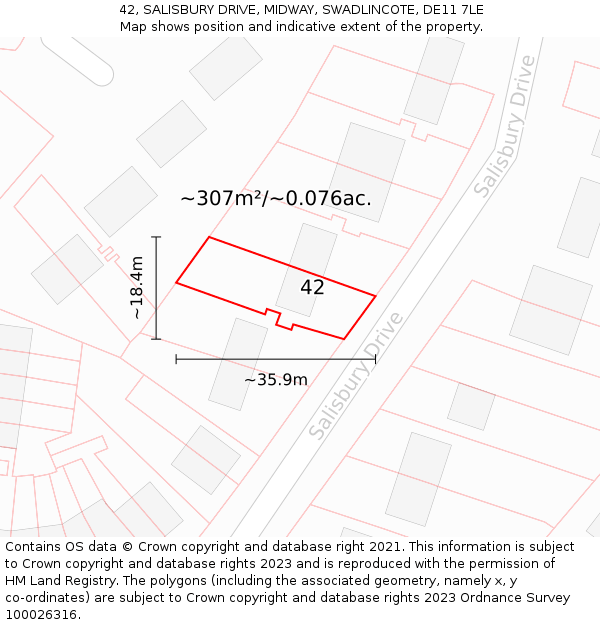 42, SALISBURY DRIVE, MIDWAY, SWADLINCOTE, DE11 7LE: Plot and title map