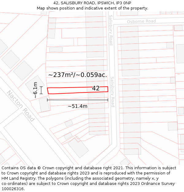 42, SALISBURY ROAD, IPSWICH, IP3 0NP: Plot and title map