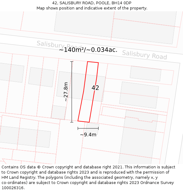 42, SALISBURY ROAD, POOLE, BH14 0DP: Plot and title map