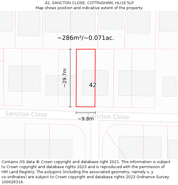 42, SANCTON CLOSE, COTTINGHAM, HU16 5LP: Plot and title map
