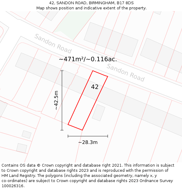 42, SANDON ROAD, BIRMINGHAM, B17 8DS: Plot and title map