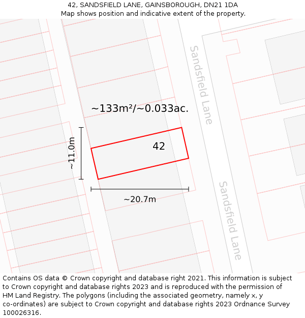 42, SANDSFIELD LANE, GAINSBOROUGH, DN21 1DA: Plot and title map