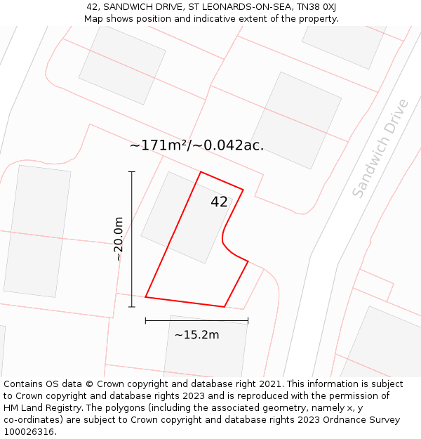 42, SANDWICH DRIVE, ST LEONARDS-ON-SEA, TN38 0XJ: Plot and title map