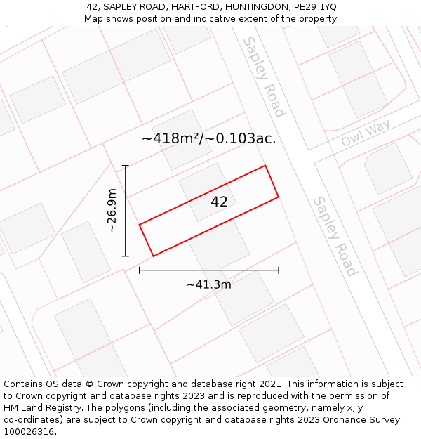 42, SAPLEY ROAD, HARTFORD, HUNTINGDON, PE29 1YQ: Plot and title map