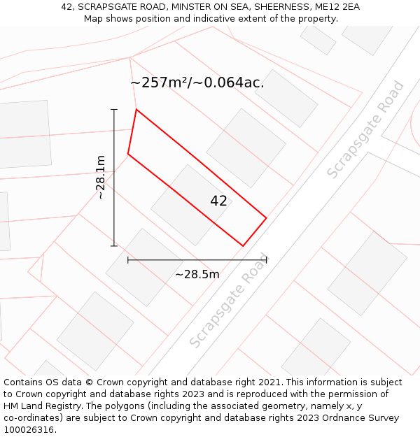 42, SCRAPSGATE ROAD, MINSTER ON SEA, SHEERNESS, ME12 2EA: Plot and title map